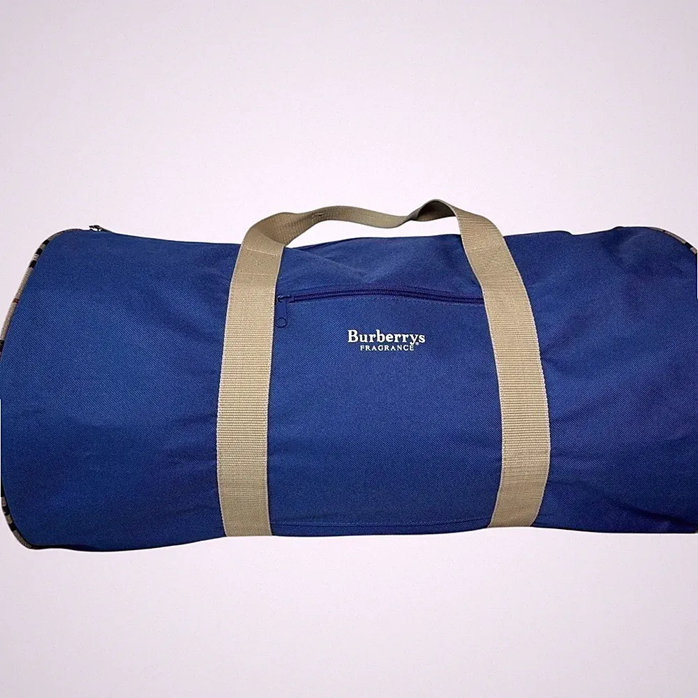 Burberrys Fragrance Vintage Blue Canvas Duffel Bag Nova Check Trim Travel Barrel